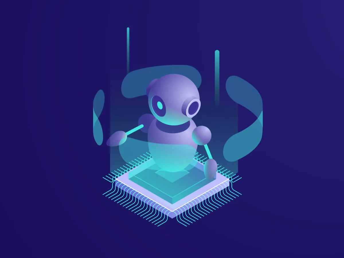Illustration isométrique d'un robot d'IA générative posé sur une puce électronique — de la preuve de concept à la valeur en entreprise